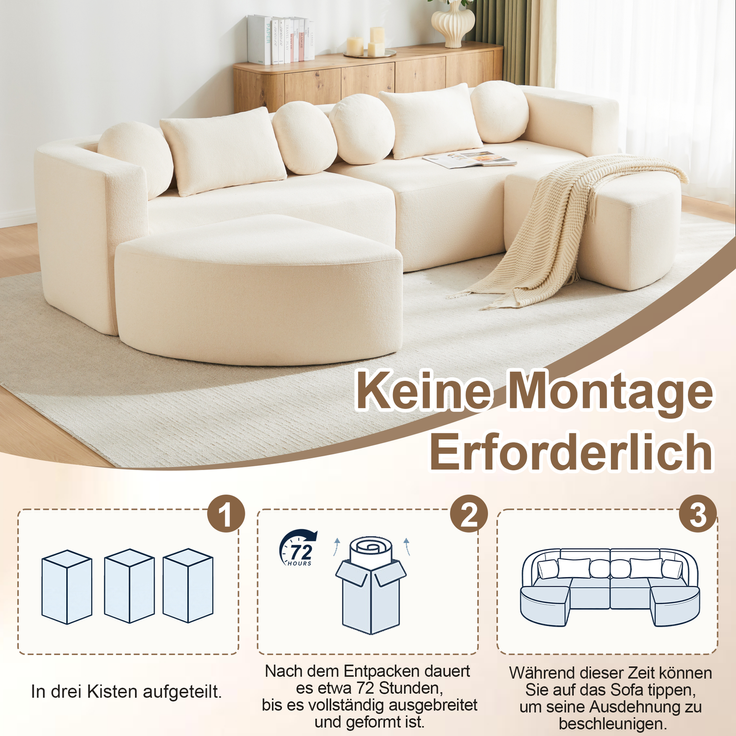 Merax 4-Sitzer Sofas, 292cm Modulare Sofa, Modulare Schlafcouch mit Schlaffunktion, Vollkomprimierte Cloud Couch, Chenille, Ohne Montage, Beige – Bild 8