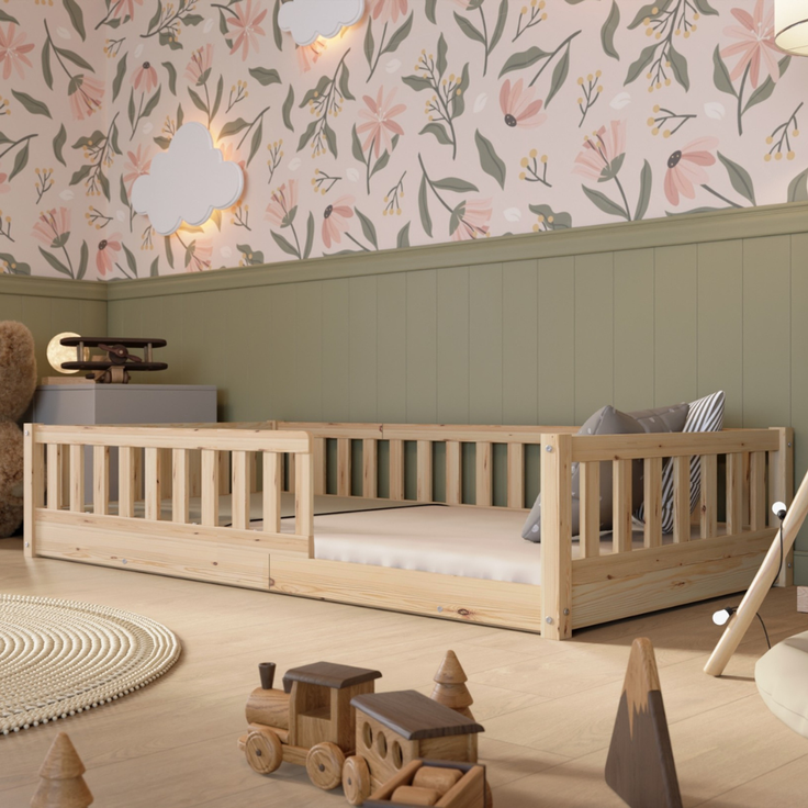 Crazy Pine 'Crazy Basic' Kinderbett mit Rausfallschutz, Skandinavisches Design, Holz, Natur, 140x200 cm, ohne Beine
