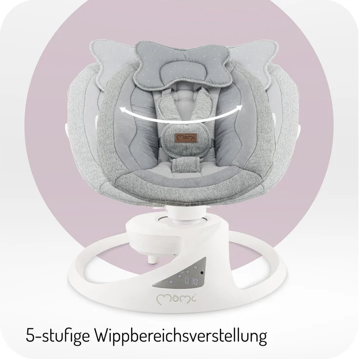 MoMi Babywippe PEARL für Babys bis 9 kg, 360° drehbarer Sitz, LED-Panel, Bluetooth, Fernbedienung, Batterie- oder Netzbetrieb, Netzteil mit USB-Kabel, 5-Punkt-Sicherheitsgurt, Bügel und Spielzeug – Bild 2