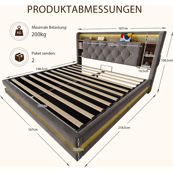 TavilaEcon Boxspringbett Samtbett, Polsterbett mit LED-Beleuchtung & USB-Ladefunktion grau Liegefläche 160 × 200 cm – Bild 2