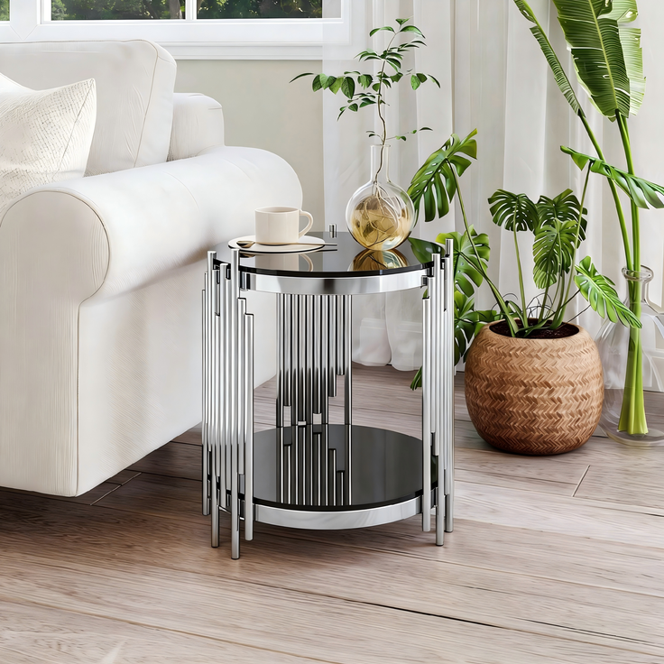 Beistelltisch rund H 55 x T 45 x B 45 cm mit 2 Ebenen, schwarzes gehärtetes Glas und Edelstahlgestell in Silber – Bild 2