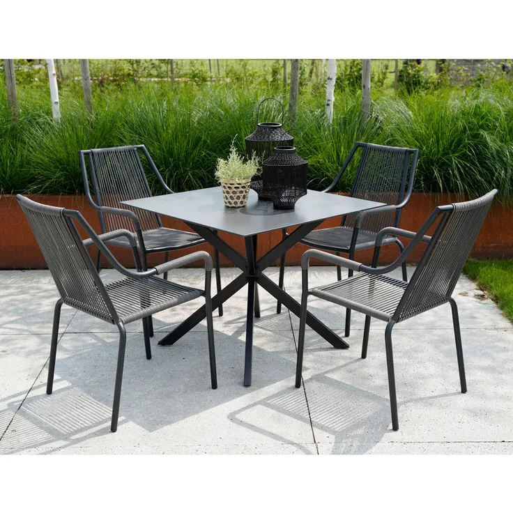 Ambia Garden Gartentisch, quadratisch, 90x90 cm, grau-schwarz, Metall mit Glasplatte, X-Form