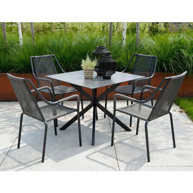 Ambia Garden Gartentisch, quadratisch, 90x90 cm, grau-schwarz, Metall mit Glasplatte, X-Form