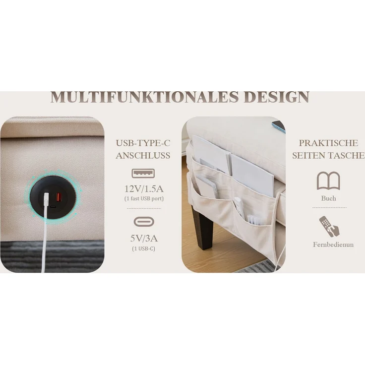 U-förmiges 4-Sitzer-Stoffsofa 250 cm mit 2 Chaiselongues, USB-C, Seitentaschen und Kissen, gepolsterte Wohnlandschaft, Beige – Bild 18