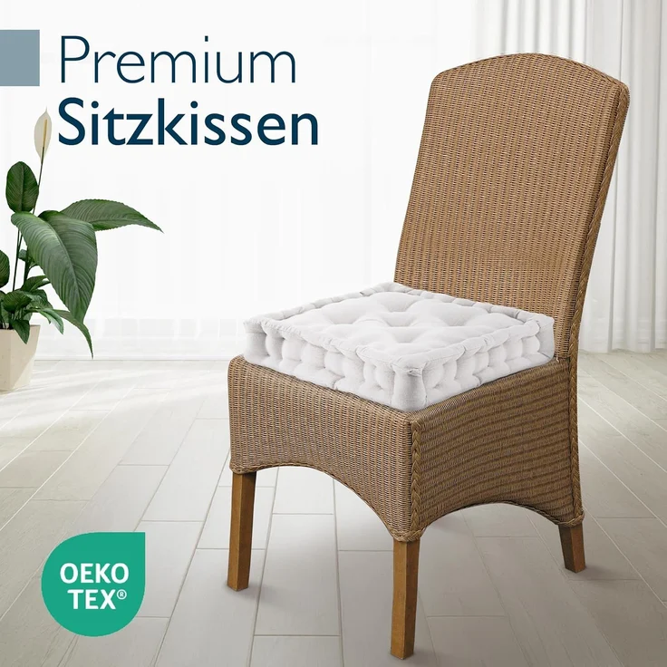 Beautissu Stuhlkissen 4er Set Bodenkissen Sitzkissen Mila, 50x50cm, Natur, Matratzenkissen 10cm, 100% Baumwolle Stuhlkissen Indoor & Outdoor – Bild 2