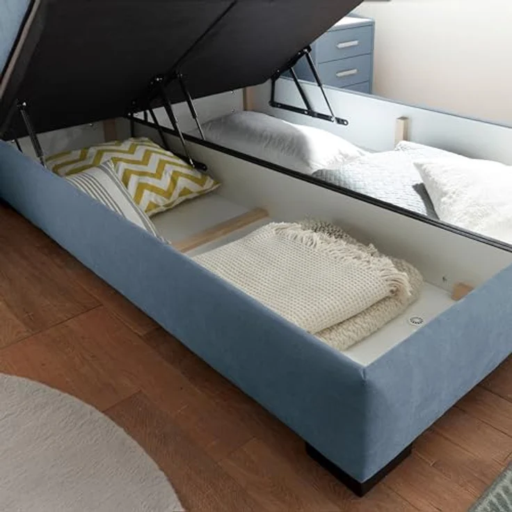 NAGOL B Boxbett 140x200, Denim - Bequemes Bett mit Bettkasten und Premium 9-Zonen-Federkern Wendematratze - 165 x 114 x 214 cm (B/H/T) – Bild 6