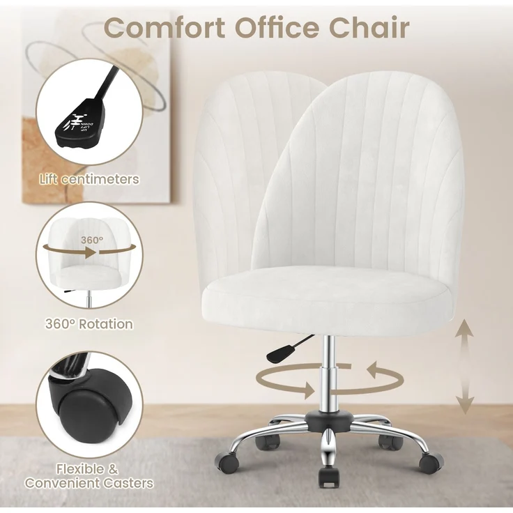 Botifly Bürostuhl ohne Armlehnen, Samt, Weiß, 8 cm Polsterung, 360° Drehbar – Bild 7