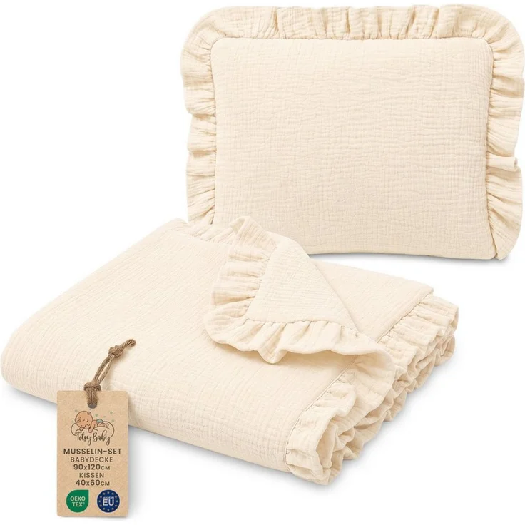 Babydecke Musselin Decke Baby Set 75x60 cm + Kissen 40x30 cm mit Rüschen, Totsy Baby – Bild 1