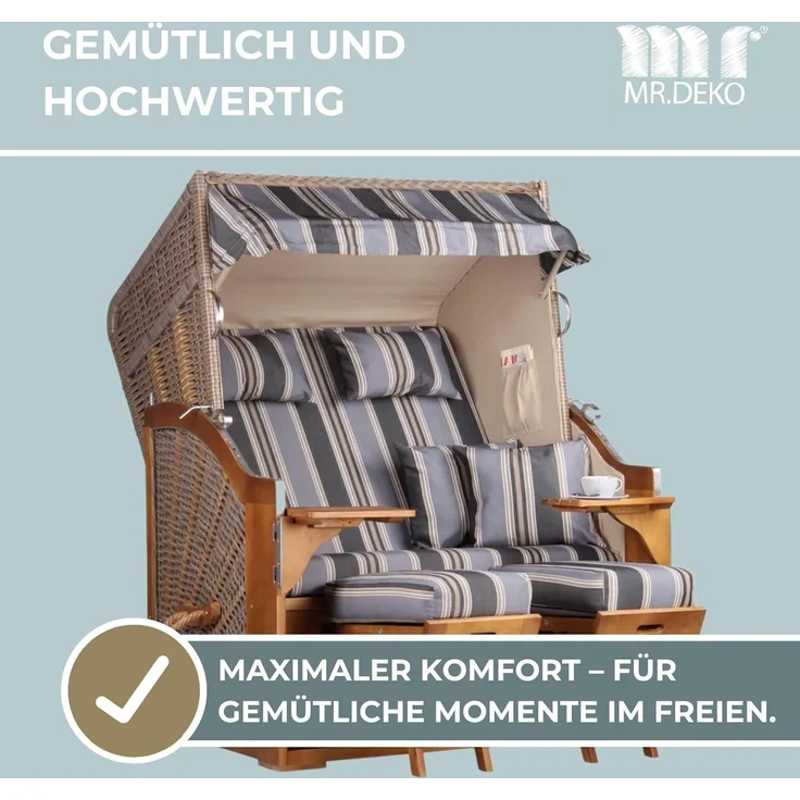 MR. DEKO Strandkorb 2-Sitzer Schleswig Pinie Braun PE Mokka, aufgebaut geliefert, BxTxH: 120x80x160 cm, 2-Sitzer, Schleswig, (Zweisitzer Strandkorb mit Bistrotischen & Fußstützen), Bereits montiert, UV-beständig, Volllieger & Edelstahl-Beschläge – Bild 4