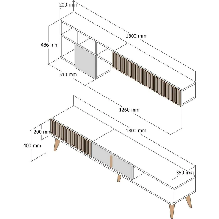 Dmora - Wohnzimmermöbel Gemini, Modulares Wohnzimmerset, Mehrzweck-Wohnzimmermöbel, Moderner TV-Schrank, 180x35h40 cm, Walnuss und Weiß – Bild 3