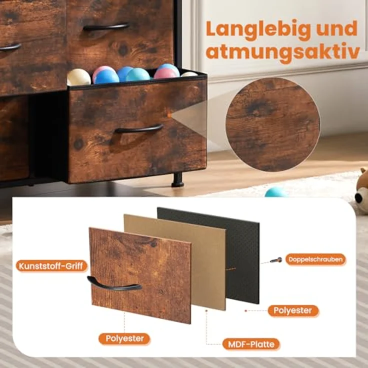 Sweetcrispy Kommode für Schlafzimmer, breite Schublade Kommode, 9 Stoffschubladen mit Griffen, Schubladen aus Stoff, Schrank, TV Stand für Schlafzimmer, Schrank, Wohnzimmer, Kinderzimmer – Bild 6