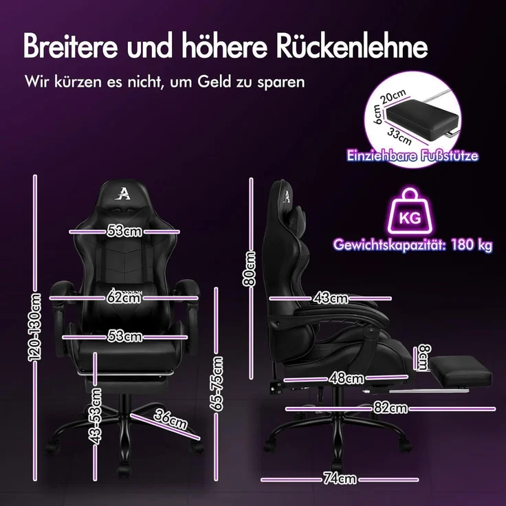 Gaming-Stuhl mit Massage und Fußstütze, 150° Neigung, höhenverstellbar – Bild 2