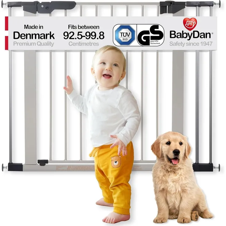 BabyDan Premier, Pressure Fit Stair Gate, 92.5-99.8 cm, Baby Gate/Safety Gate, Metal, Silver, Made in Denmark - (Pet Gate/Dog Gate)