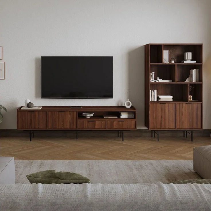 Compleo TV-Schrank 200 cm breit, Nussbaum oder Eiche Hikora, Lowboard mit 2 Schubladen Boho Design – Bild 2