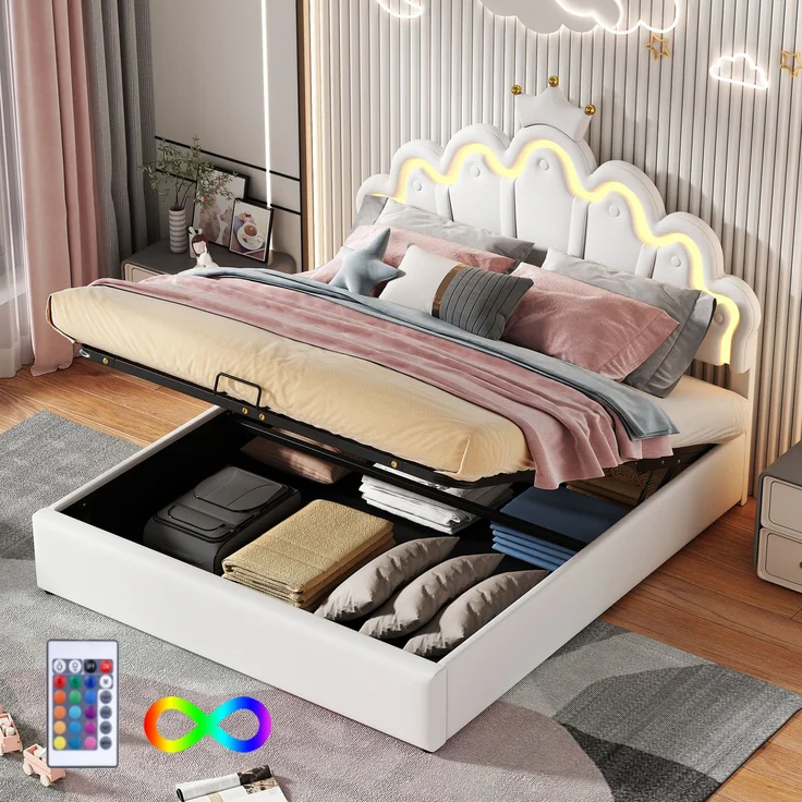 Prinzessinnenbett 140x200 cm, gepolstertes Bett mit LED-Beleuchtung und hydraulischem Stauraum, Kunstleder Weiß,mit Wolkenkopfteil und Krone – Bild 1