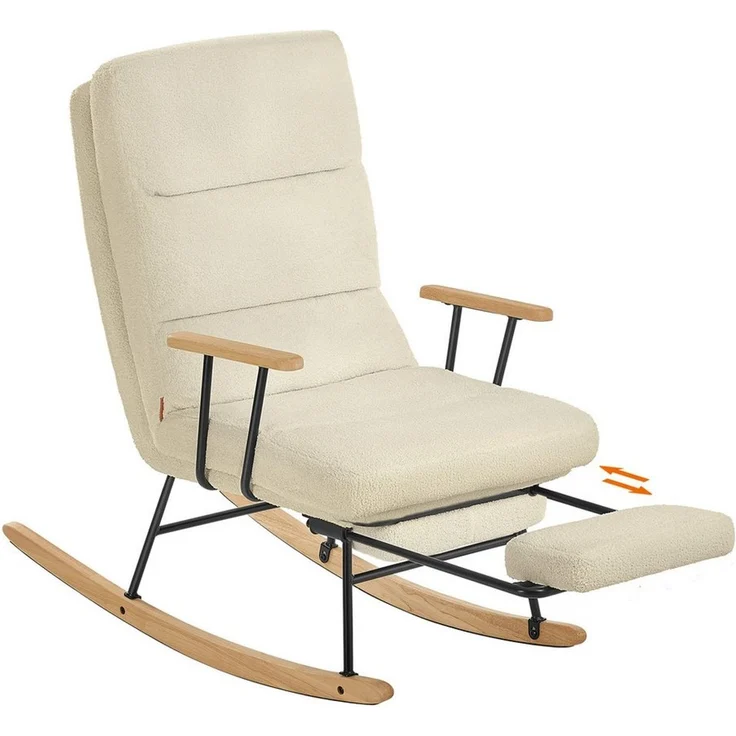 SONGMICS HOME Schaukelstuhl, Füße aus Kautschukholz, Schaukelsessel, Fleece Oberfläche, 4-Fach verstellbare Rückenlehne, bis 160 kg belastbar, für Schlafzimmer, Wohnzimmer, Kamelbraun – Bild 5