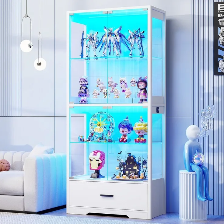 Glasvitrine 75x35x164.5 cm, 4-stöckige Vitrine mit Schublade, LED-Beleuchtung und Bewegungssensor, Weiß
