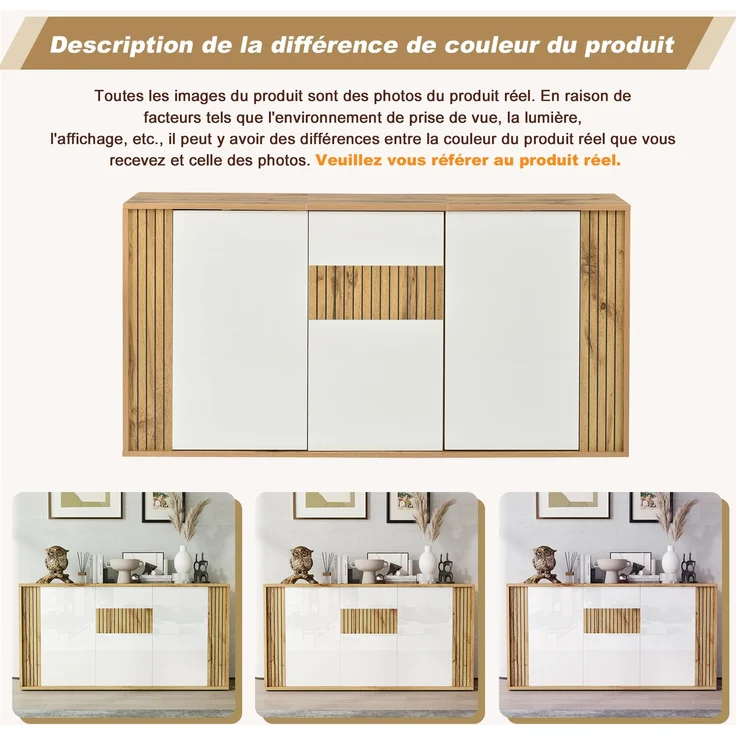 ZUBALIYA Sideboard 140x35x71 cm, mit 3 Türen, aus MDF / Spanplatte, Weiß / Natur – Bild 10