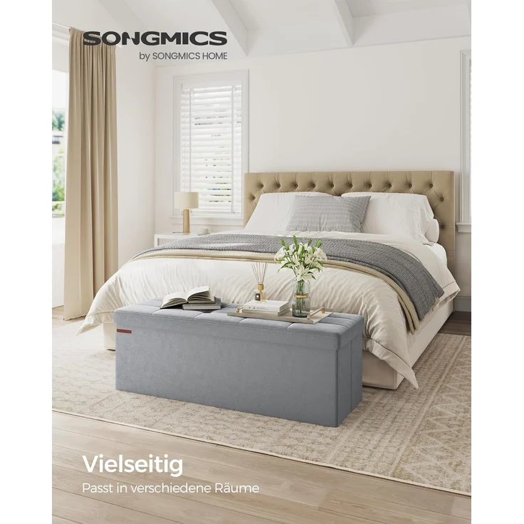 Songmics Sitzhocker mit Stauraum, klappbare Sitzbank, 38 x 110 x 38 cm Fußbank, Aufbewahrungsbox, bis 300 kg belastbar, für Wohnzimmer Schlafzimmer Flur, Taubengrau LSF277G02 – Bild 2