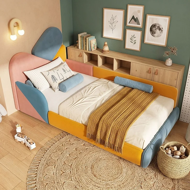 TavilaEcon Polsterbett Weiches Bodenbett mit gepolstertem Kopfteil & Fallschutz Blau+Pink+Orange Liegefläche 90 × 200 cm – Bild 5
