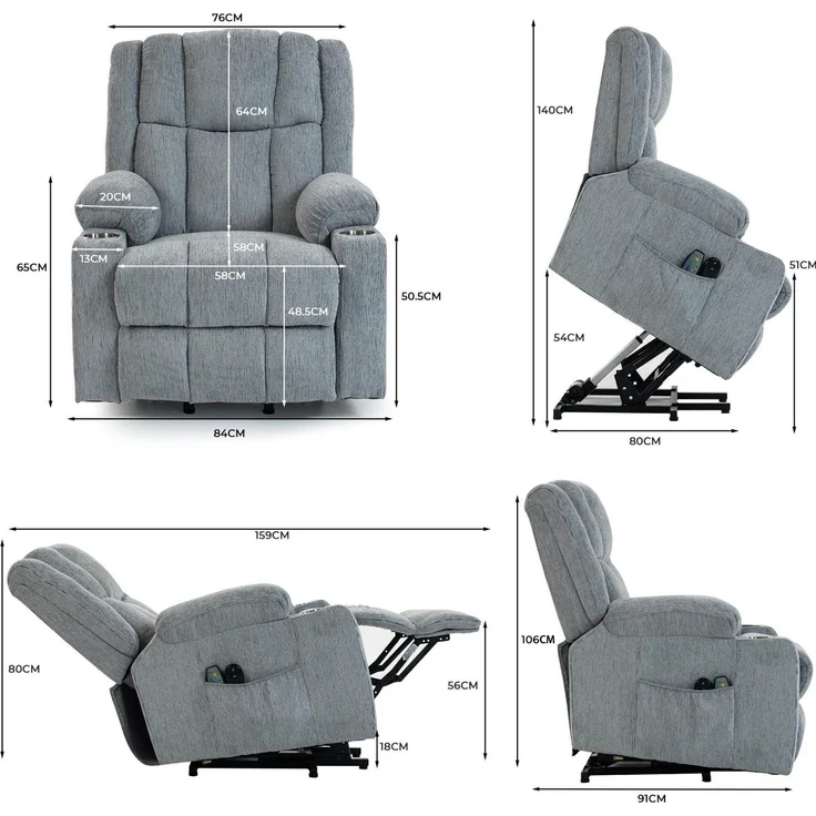 Elektrischer Relaxsessel aus Samt mit Aufstehhilfe, Massage & Wärme, 91x84x106 cm, Hellgrau – Bild 5
