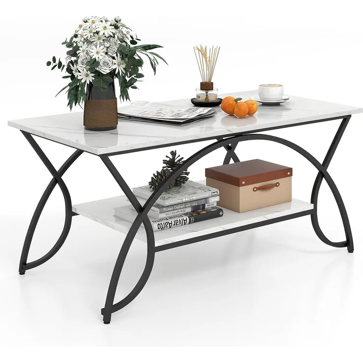 FANTASK Wohnzimmertisch, Sofatisch mit Ablage & Metallgestell, Couchtisch Marmor Optik, Beistelltisch, Kaffeetisch für Wohnzimmer, 100 x 50 x 45 cm (Schwarz-weiß)