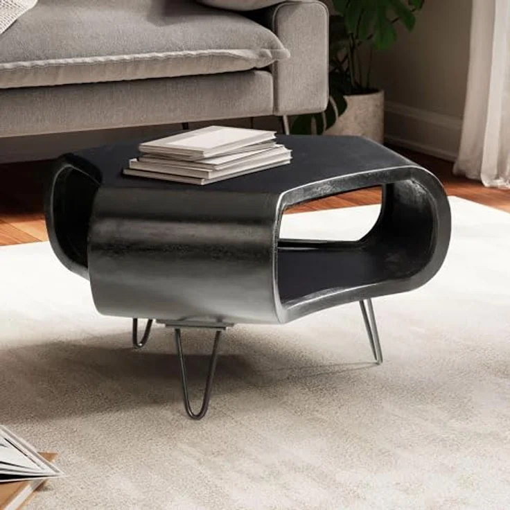 Livetastic Couchtisch, Schwarz, massives Mangoholz, organische Form, 60x35x60 cm, mit Stauraum und offenem Fach, einfacher Aufbau – Bild 2