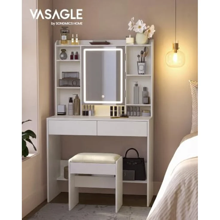 VASAGLE Schminktisch mit Beleuchtung und Hocker Set | Kosmetiktisch, Spiegel mit Ablage, Make-up Organizer, für Schlafzimmer, KAILYN Kollektion RDT123WB01-02 – Bild 2