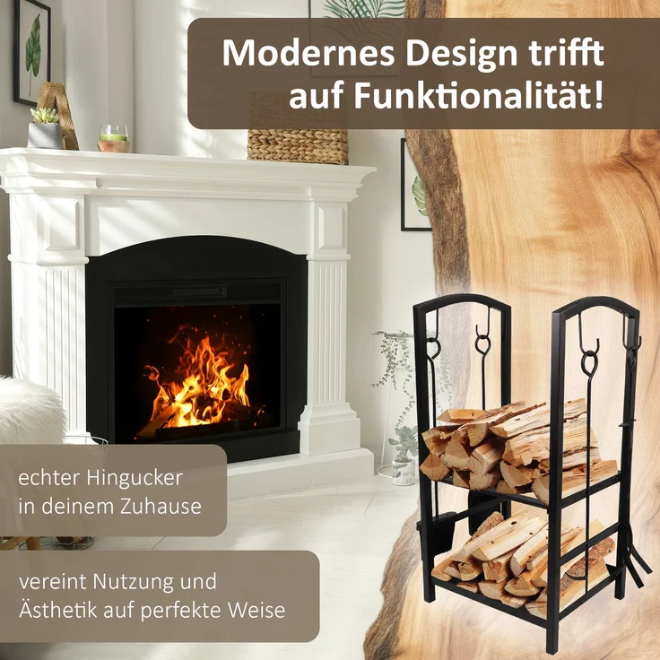 Kaminholzregal mit 4 teiligem Kaminbesteck, Metallregal, Brennholzregal – Bild 2