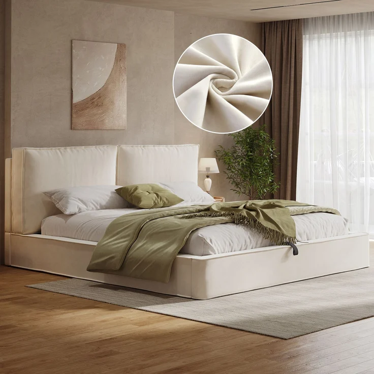 Polsterbett,Doppelbett,180x200 cm,hydraulisches Funktionsbett,Bett mit Lattenrost, Kopfteil, gepolstertes Kopfteil, Beige, samt – Bild 1