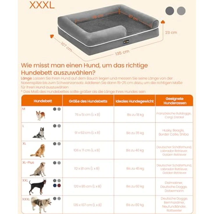 Feandrea Orthopädisches Hundebett, Hundekissen, Hundekorb, weiche Polsterung, Hundesofa, erhöhte Ränder, Bezug abnehmbar und waschbar, 135 x 107 x 25 cm, rutschfeste Unterseite, hellgrau PGW079G02 – Bild 6