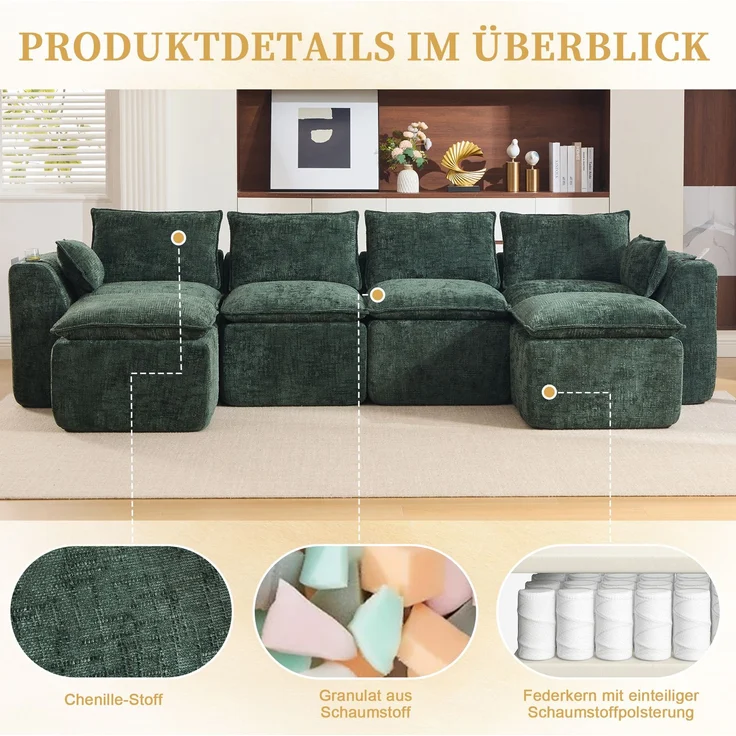 Modulares Sofa 322x161x75 cm aus grünem Chenille mit Seitentaschen und Hockerelement – Bild 8