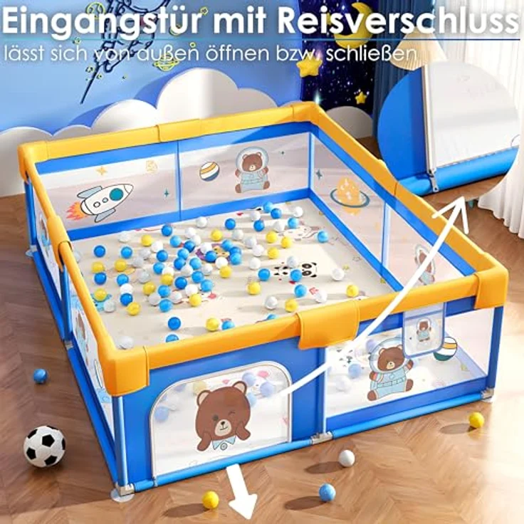 Ecosa Laufgitter, Teddybären-Raumschiff-Design, Blau, Kunststoff, Rechteckig, 180x68x200 cm, CE, mit Einstiegstür und Hängetasche für Spielzeug – Bild 5