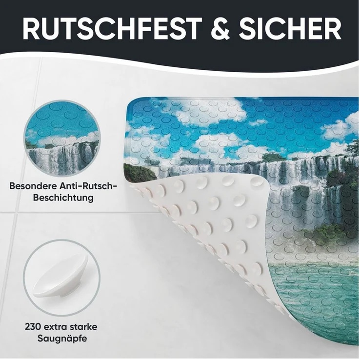 Sanilo Duschmatte, mit Motiv, rutschfest, waschbar, quadratisch, 230 extra starke Saugnäpfe, Kunststoff PVC, 53 x 53 cm, Wasserfall – Bild 4