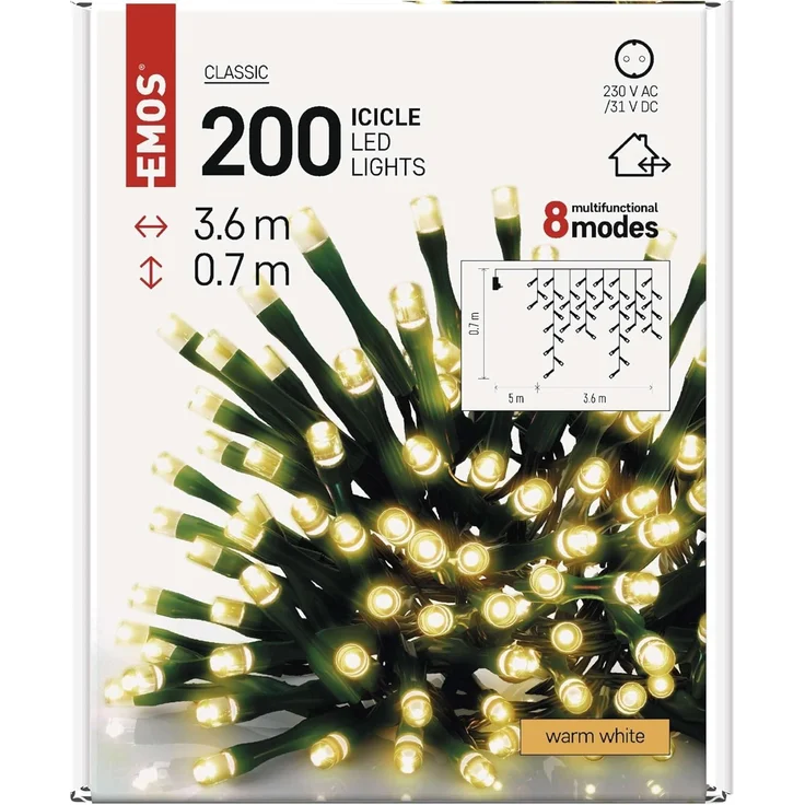 EMOS LED-Eisregen Lichterkette, 3,6m Weihnachtslichterkette + 5m Zuleitung, 200 LEDs, 8 Lichtmodi, Netzteil, IP44 für Innen und Außen, Warmweiß – Bild 7
