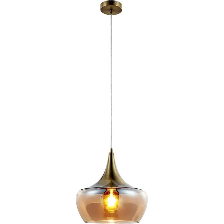 LED Hängeleuchte, messing antik, Glas amberfarben, H 150 cm