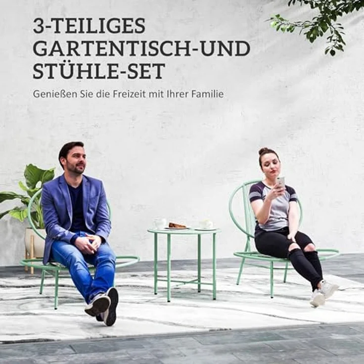 Outsunny Balkonset mit Bistrotisch, ergonomische muschelförmige Gartenstühlen, (3-teilig Gartenmöbel-Set, 3-tlg, Bistro-Set aus Stahl), für den Außenbereich, Balkon, Grün – Bild 3