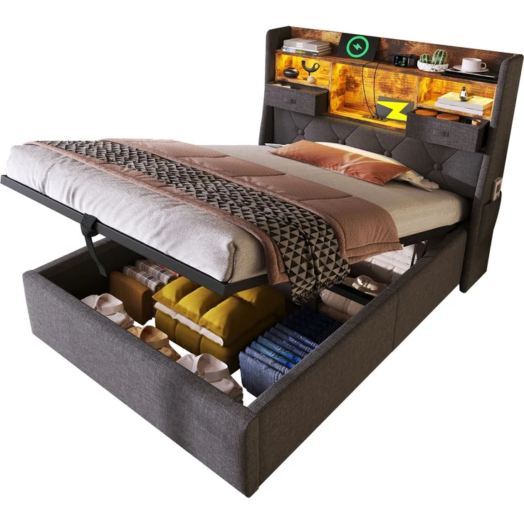 Polsterbett 90x200 mit LED-Stimmungslicht, USB & Typ-C Ladeanschlüssen, Stauraum, Kopfteilregal, Stofftaschen, inkl. Matratze – Bild 8