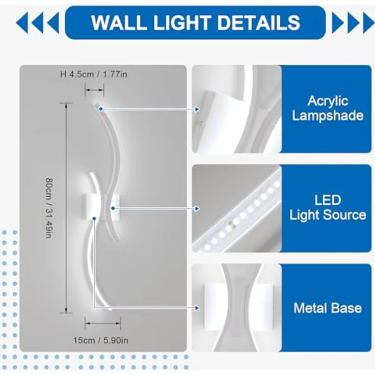 Goeco Wandleuchte Innen 80 cm 27W 3000 lm Moderne LED Wandleuchte Kaltlicht 6500K mit 2 Acrylglasröhren Wandleuchte Weiß für Schlafzimmer Wohnzimmer Treppe Küche – Bild 3
