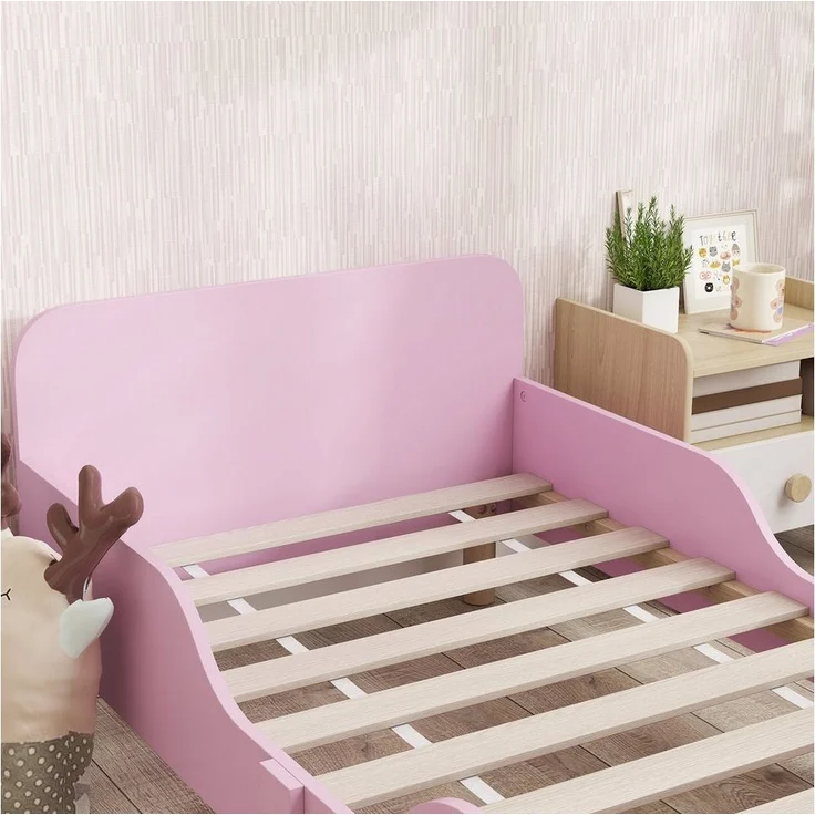 AIYAPLAY Kinderbett mit Rausfallschutz, Lattenrost, Kopf- und Fußteil (140x70 cm Jugendbett, 1-tlg, Einzelbett aus Holz), Holzbett für Mädchen und Jungen, Rosa – Bild 3