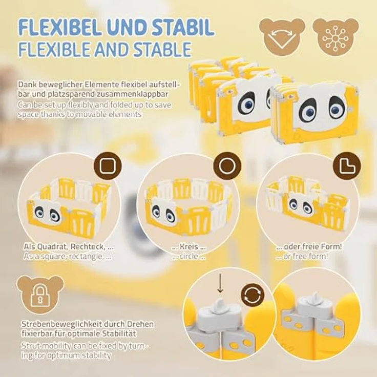 Joyz Laufstall Baby 160×160 cm, Laufgitter faltbar, Panda-Design, Weiß-Gelb, Absperrgitter mit Tür und Lernuhr, Playpen aus Kunststoff, Babyzaun, Kinderlaufstall Innen/Außen, Krabbelgitter für Kinder – Bild 5