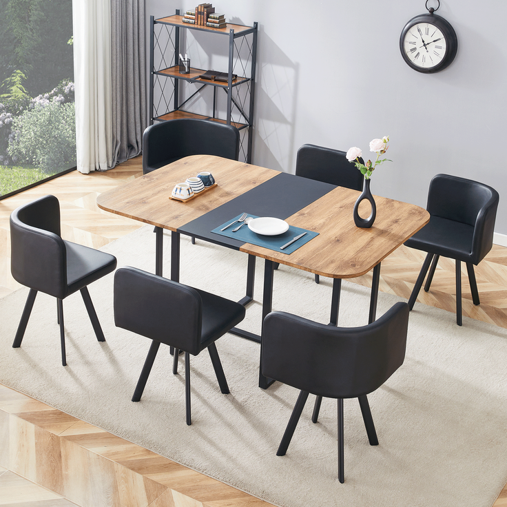 Esstischgruppe ausziehbar für 4-6 Personen mit 6 Stühlen, MDF in Holzmaserung und schwarzem Metallgestell,H 79 x T 150 x B 100 cm – Bild 2