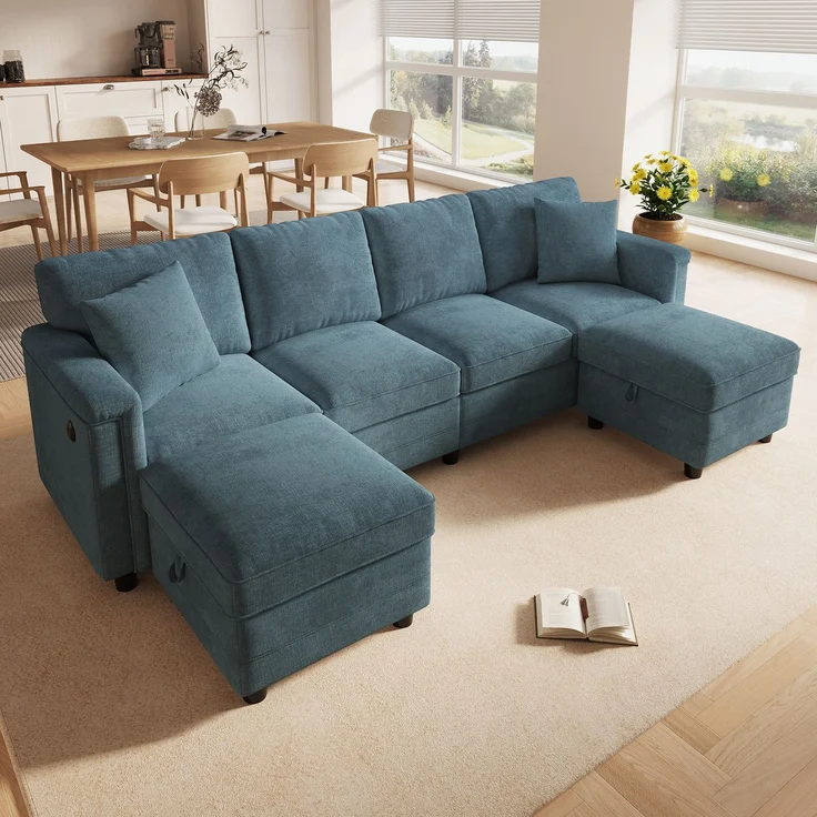 Flieks 4-Sitzer Modulsofa mit 2 Stauraumhockern, USB & USB-C, L- oder U-Form Polstersofa, 261 x 134 x 82 cm, Chenille, Blaugrau – Bild 3