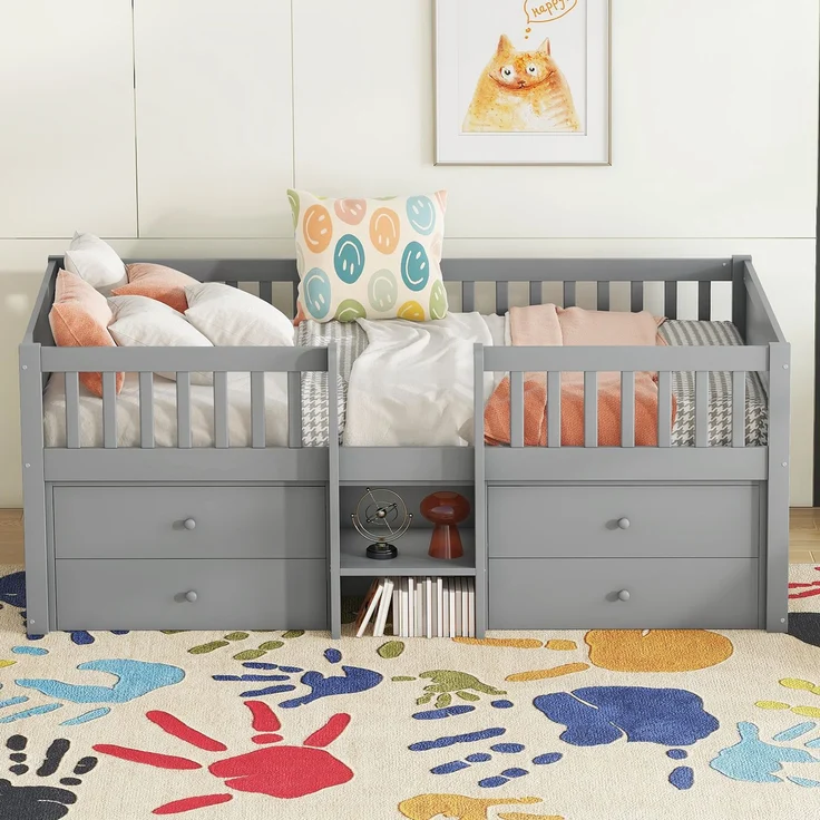 Halbhohes Bett, 90*200cm , 4 Schubladen, Geländer, Leiter, Kiefernholz, Ohne Matratze, Minimalistischer Stil, Grau – Bild 4