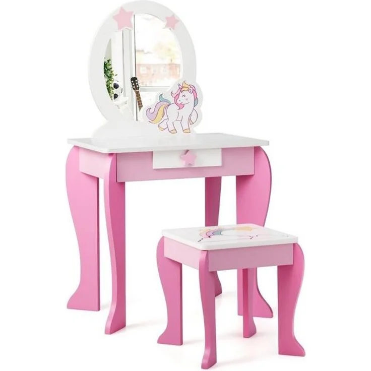 COSTWAY Kinderschminktisch mit Hocker, Schublade und Spiegel, Frisiertisch für Kinder rosa – Bild 4