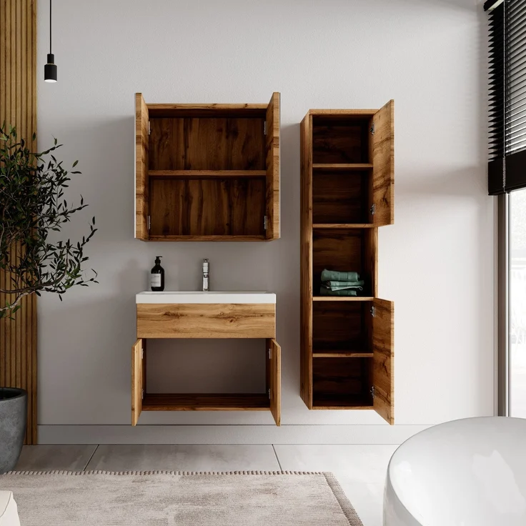Badplaats Badmöbel Komplettset Montreal 60x35 cm Eiche - Badezimmermöbel mit Waschbecken, Spiegelschrank und Badezimmerschrank – Bild 3