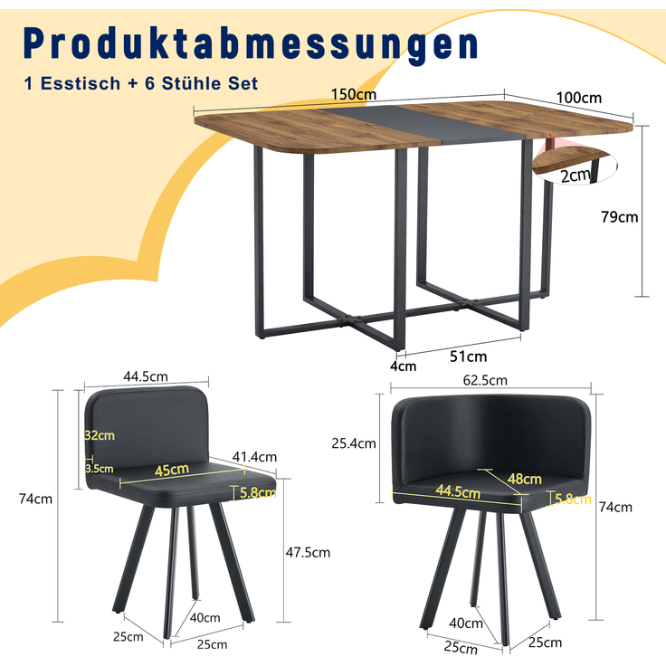 Esstischgruppe ausziehbar für 4-6 Personen mit 6 Stühlen, MDF in Holzmaserung und schwarzem Metallgestell,H 79 x T 150 x B 100 cm – Bild 4