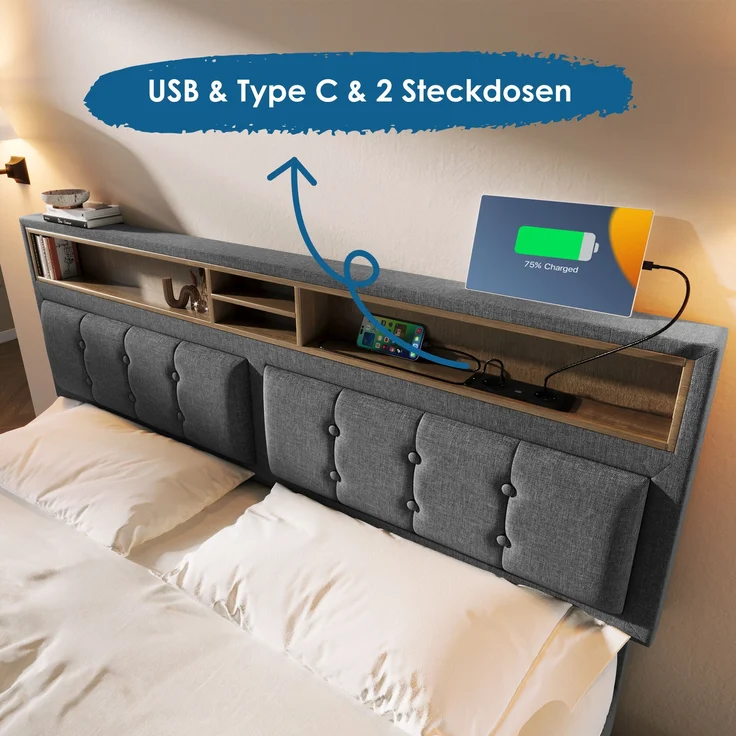 Doppelbett mit 4 Schubladen, höhenverstellbarem Kopfteil & USB-C Ladestation, Leinen, 160x200 cm, Grau, mit Matratze – Bild 8