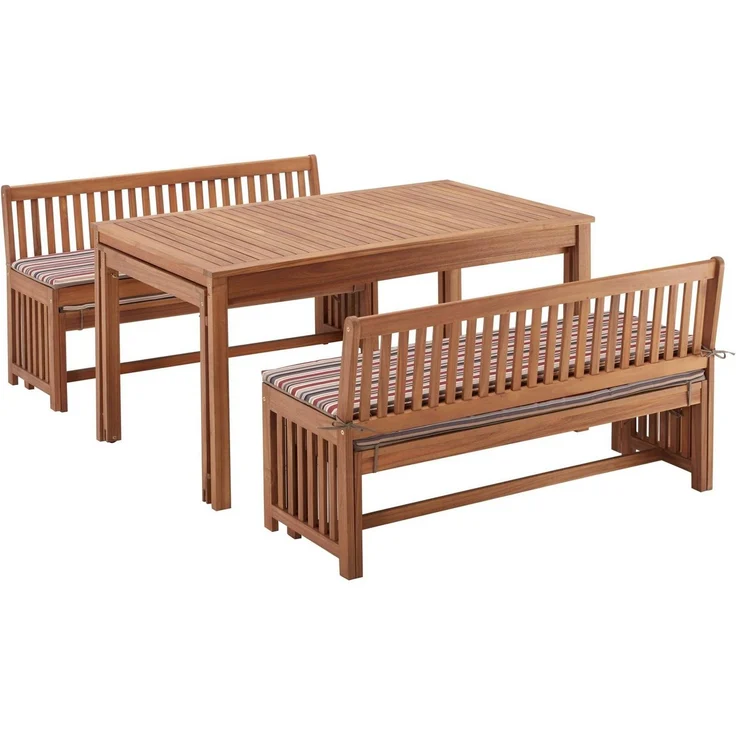 MERXX Garten-Essgruppe Hawaii, (4x Bänke, 2x Tische, 4x Sitzkissen), Akazienholz FSC 100 % – Bild 2