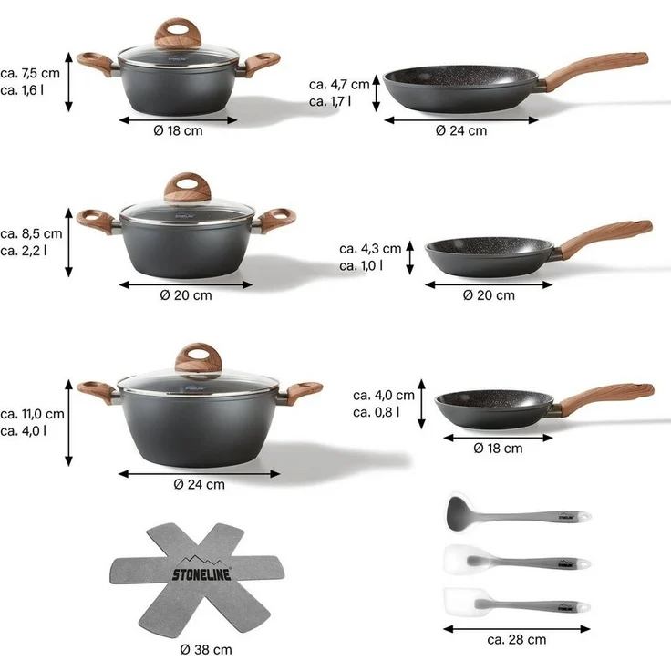 STONELINE Topf-Set Kochgeschirr-Set, 14-teilig, mit Griff in Holzoptik und Glasdeckeln, Aluminium, Keramik (Kochgeschirr-Set, 14-tlg, Kochgeschirr-Set, 3x Kochtopf, 3x Bratpfanne, 3x Glasdeckel, Zubehör), mit echten Steinpartikeln, induktionsgeeignet, ... – Bild 3